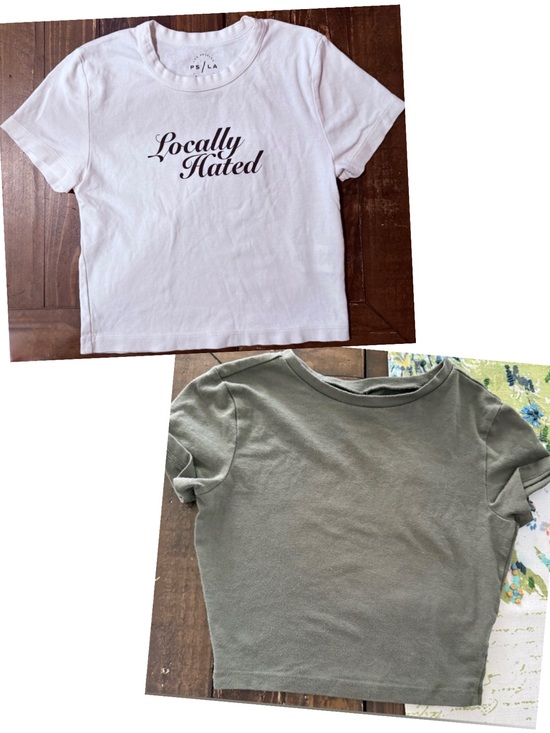 PS LA Tops - 2 Women XS Tees: PS LA California White "Locally Hated" & green White Fable